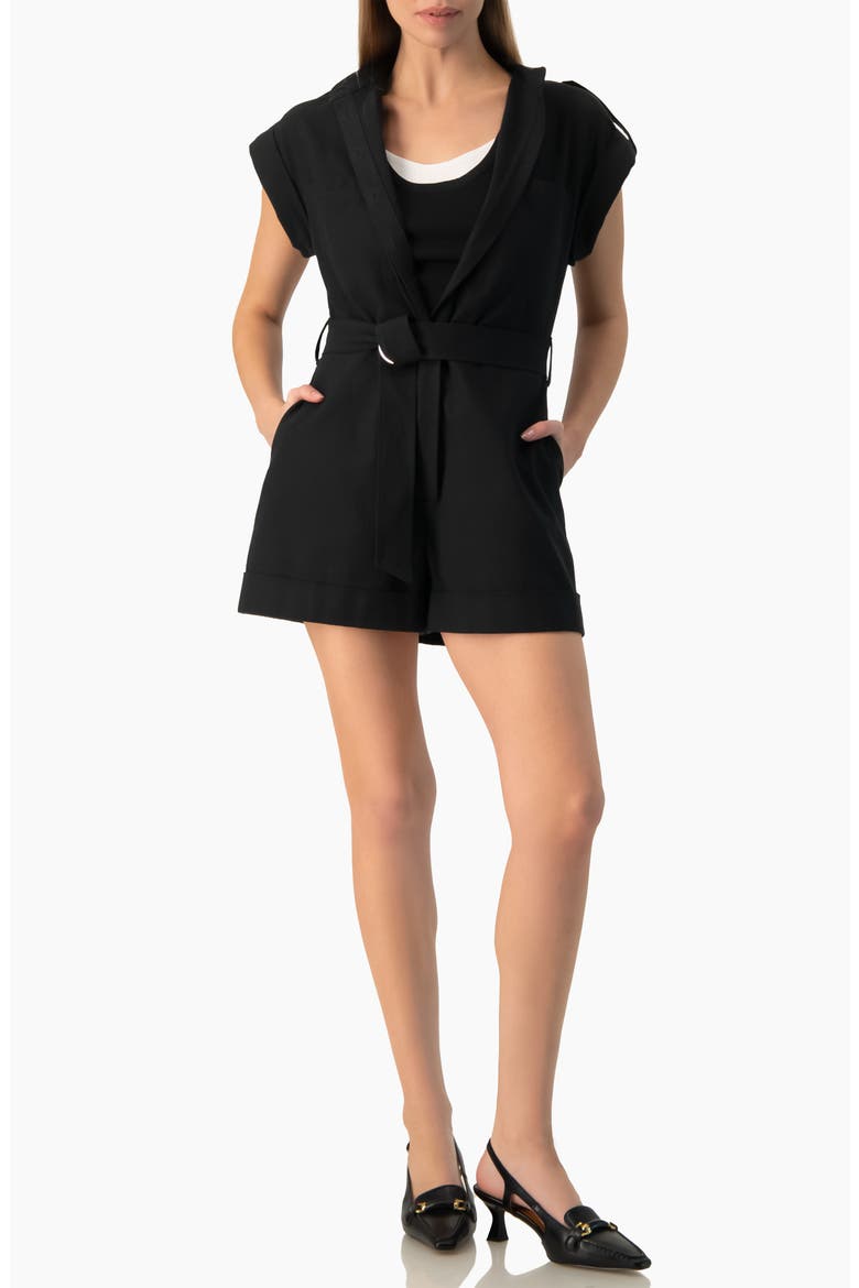Structured D-Ring Belt Collared Sleeveless Jumpsuit Romper, Alternate, color, Black
