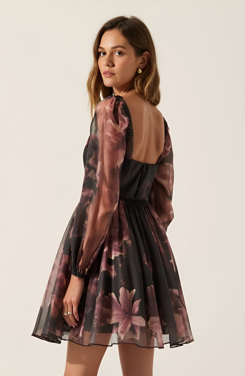 Modenaire Floral Organza Bubble-Sleeve Tulle-Layered Mini Dress, Alternate, color, Floral Organza