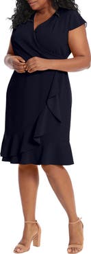 London Times Pleated Flounce Faux Wrap Dress