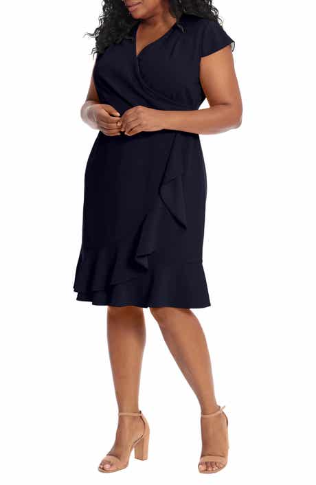 London Times Pleated Flounce Faux Wrap Dress