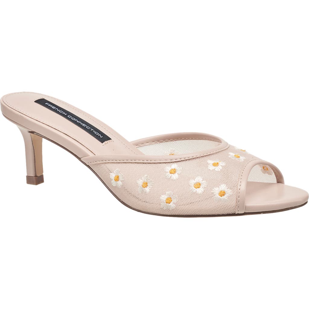 French Connection Nancy Mesh Embroidered Kitten Heel In Nude