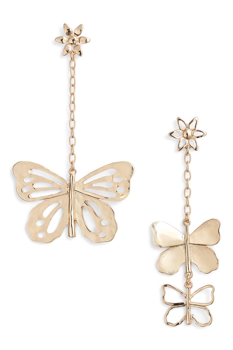 Cristina Martinez Mismatched Butterfly Drop Earrings, Main, color, GOLD