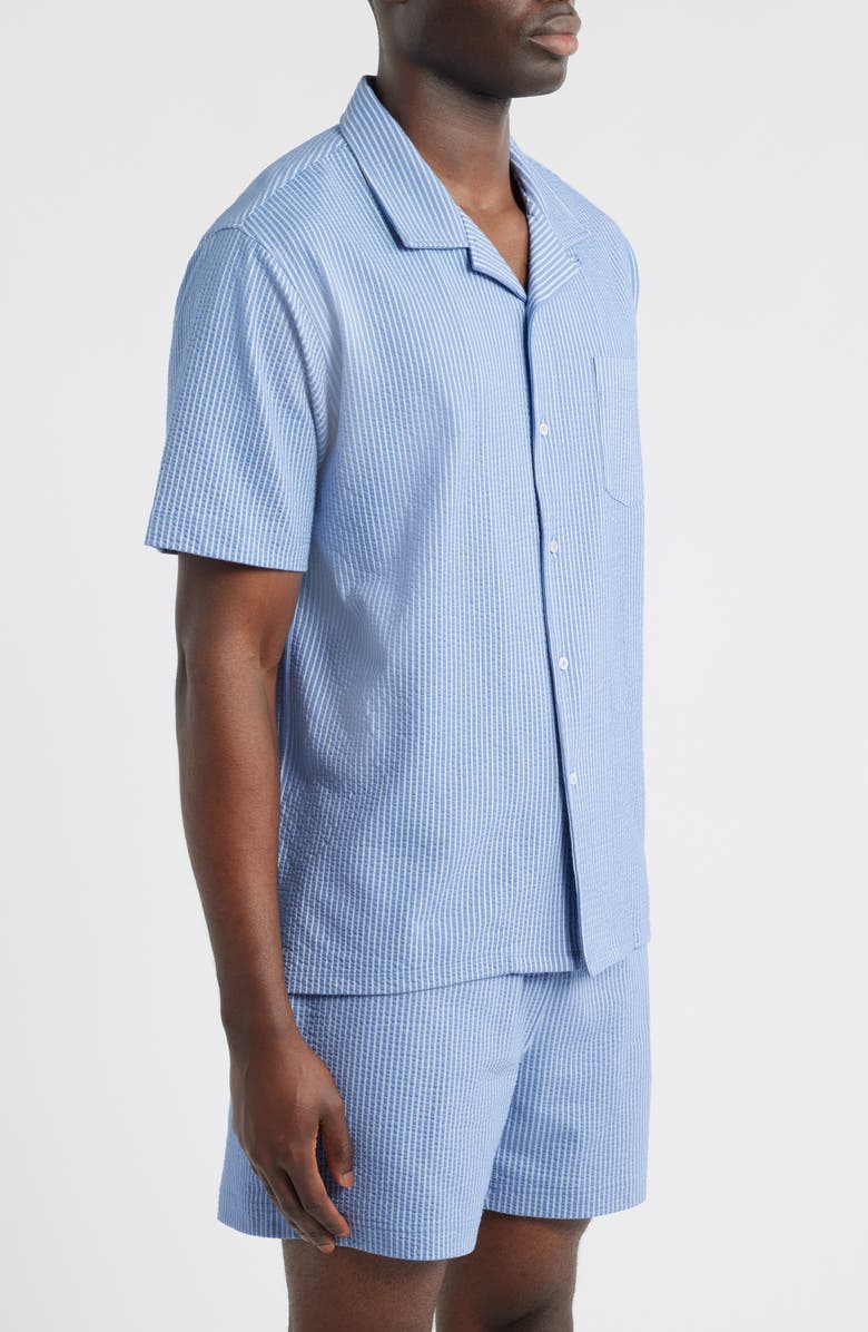 Daniel Buchler Pinstripe Seersucker Pajama Camp Shirt, Alternate, color, Blue Stripe