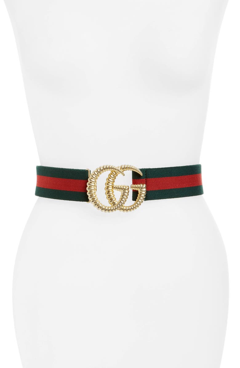 Gucci Logo Buckle Stripe Webbed Elastic Belt, Main, color,