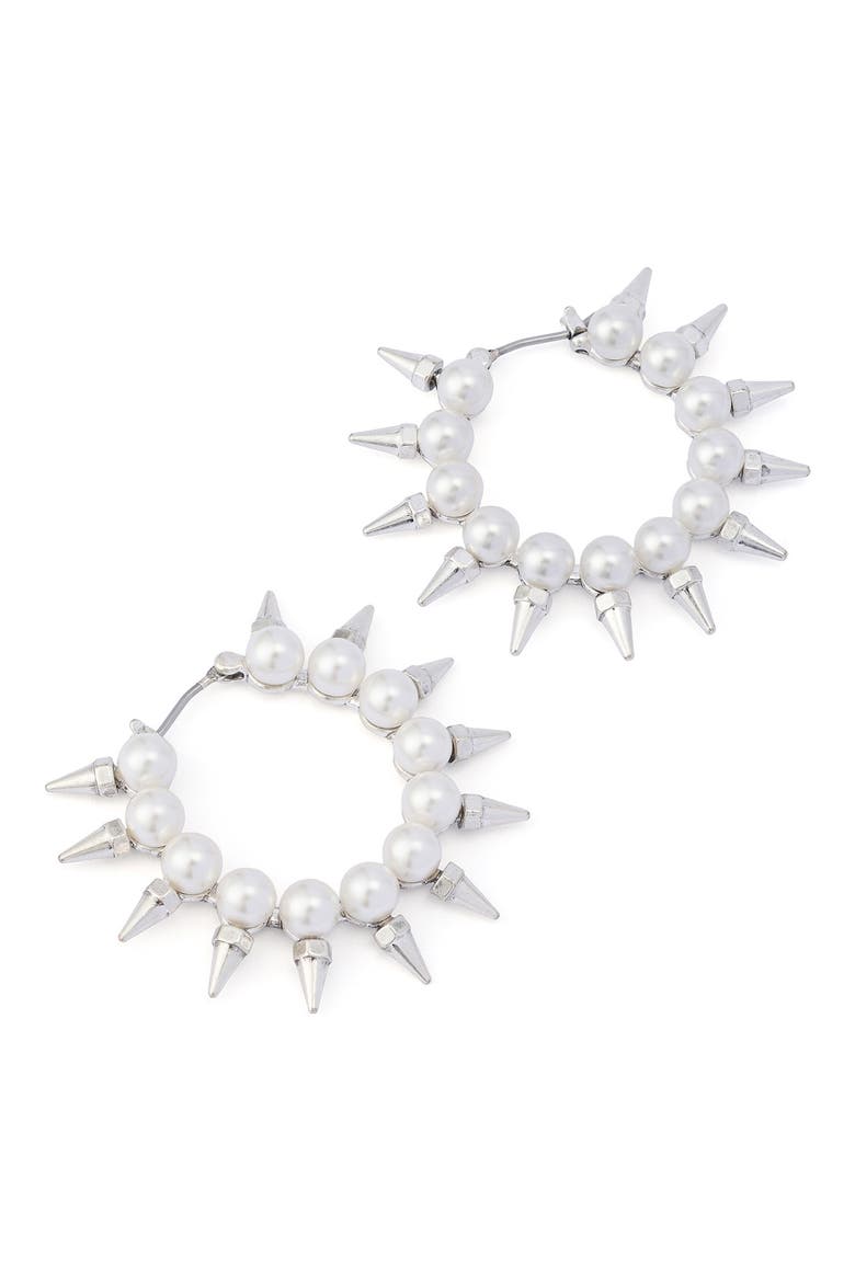 Spike Imitation Pearl Hoop Earrings, Alternate, color, SHINY SILVER
