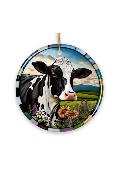 Stained Glass Pasture Cow Scene Ceramic Ornament