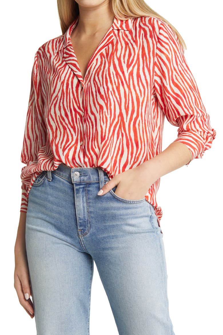 Zesty Zebra Long Sleeve Silk Camp Shirt, Main, color, TRULY RED