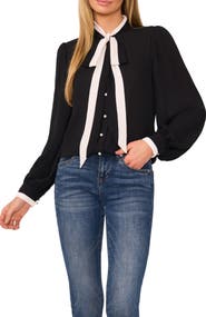CeCe Tie-Neck Button-Up Shirt