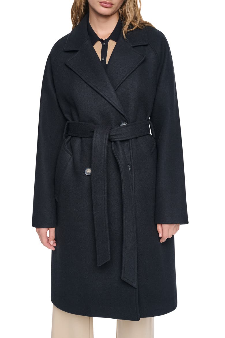 Belted Faux Wool Coat, Alternate, color, BLACK