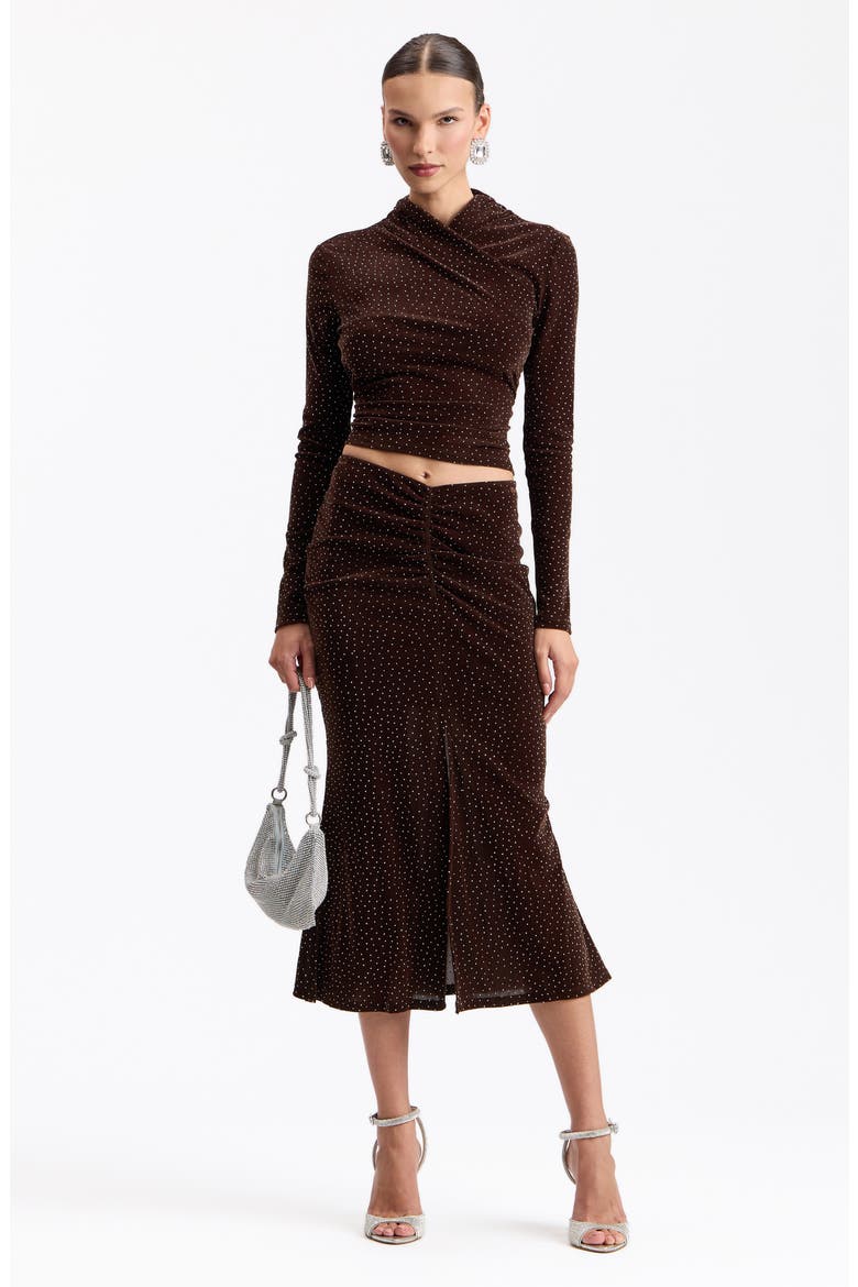 Crystal Embellished Faux Wrap Crop Top, Alternate, color, BROWN