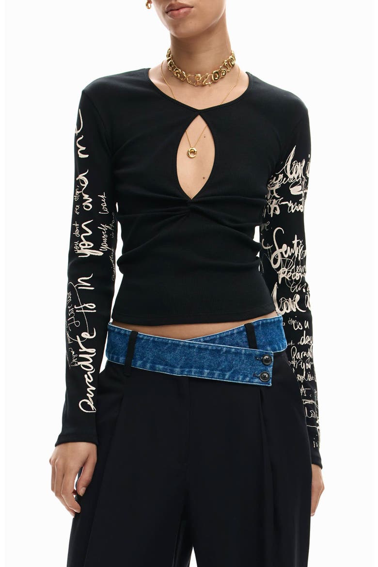 Cutout Long Sleeve Cotton Graphic T-Shirt, Main, color, BLACK