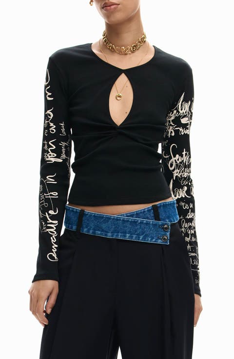 Cutout Long Sleeve Cotton Graphic T-Shirt