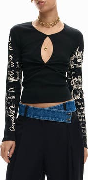 Desigual Cutout Long Sleeve Cotton Graphic T-Shirt