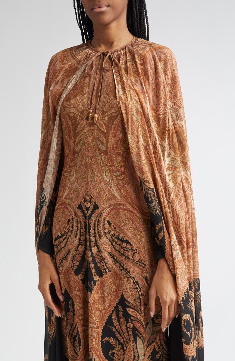 Zimmermann Hypnotic Paisley Long Sleeve Dress with Removable Cape, Alternate, color, Light Brown/ Black Paisley