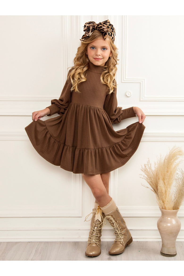 Ribbed Long Sleeve Ruffle Dress, Alternate, color, Brown