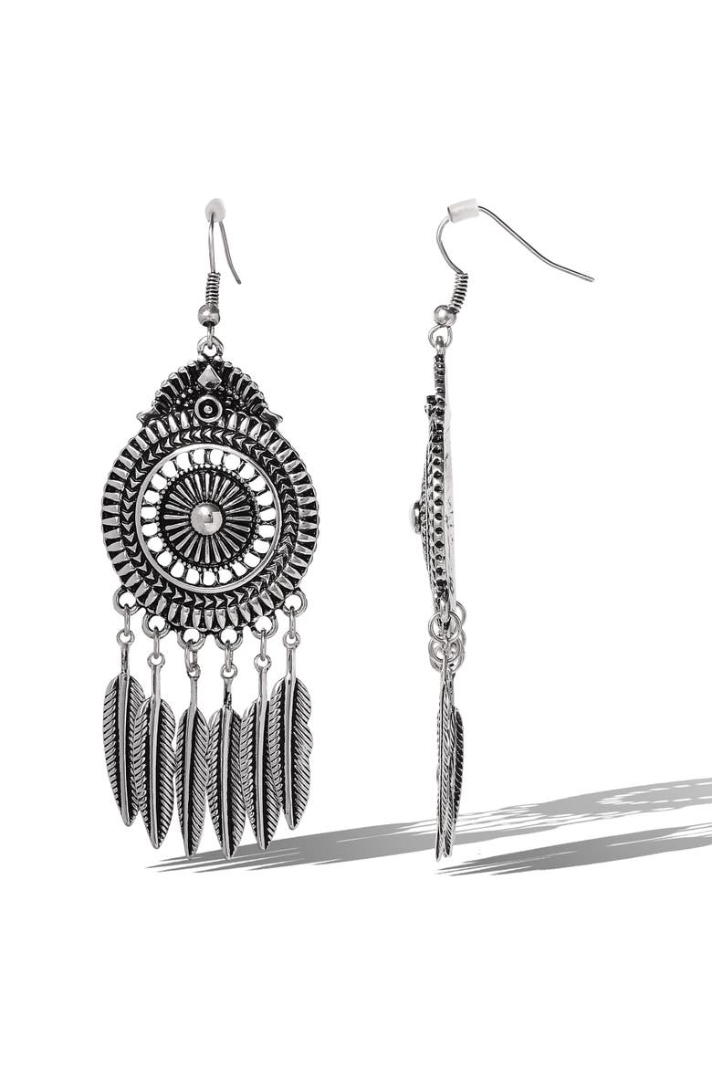 Boho Feather Drop Earrings, Alternate, color, Antique Silver