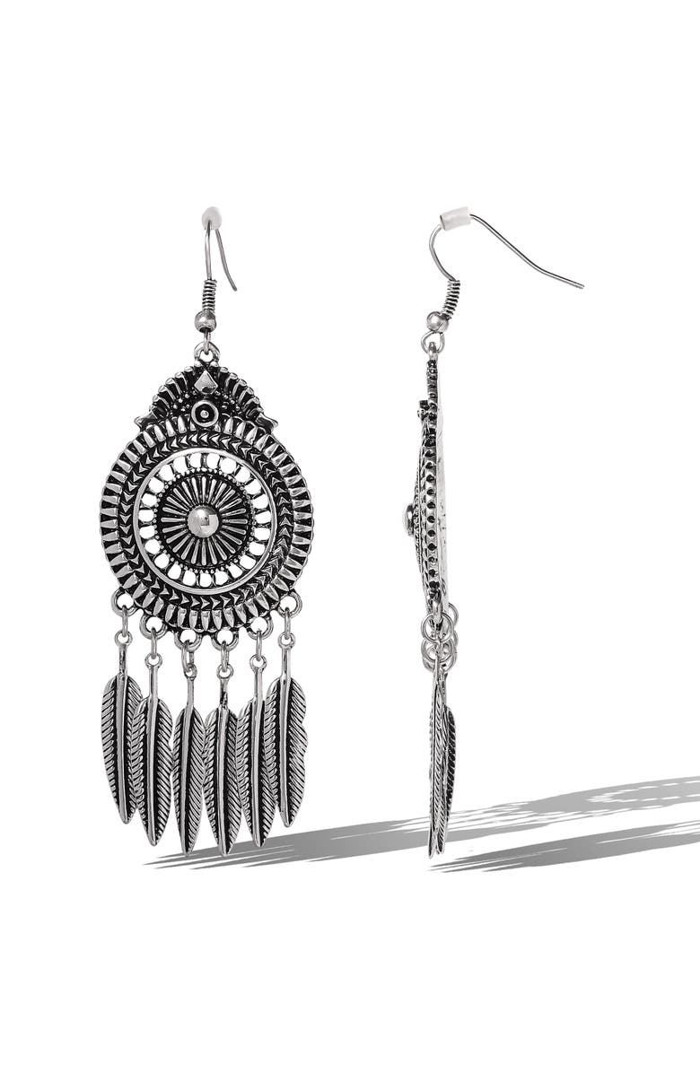 Jessica Simpson Boho Feather Drop Earrings, Alternate, color, Antique Silver