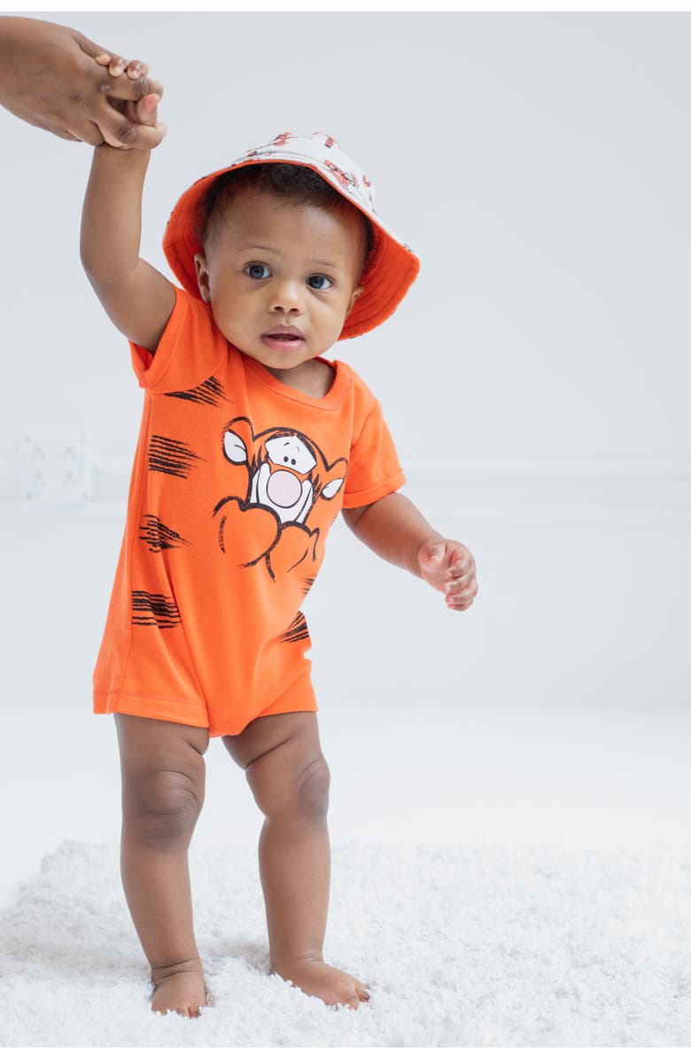 Disney Winnie the Pooh 2-Piece Romper and Bucket Hat Set, Alternate, color, Tigger Coral Orange