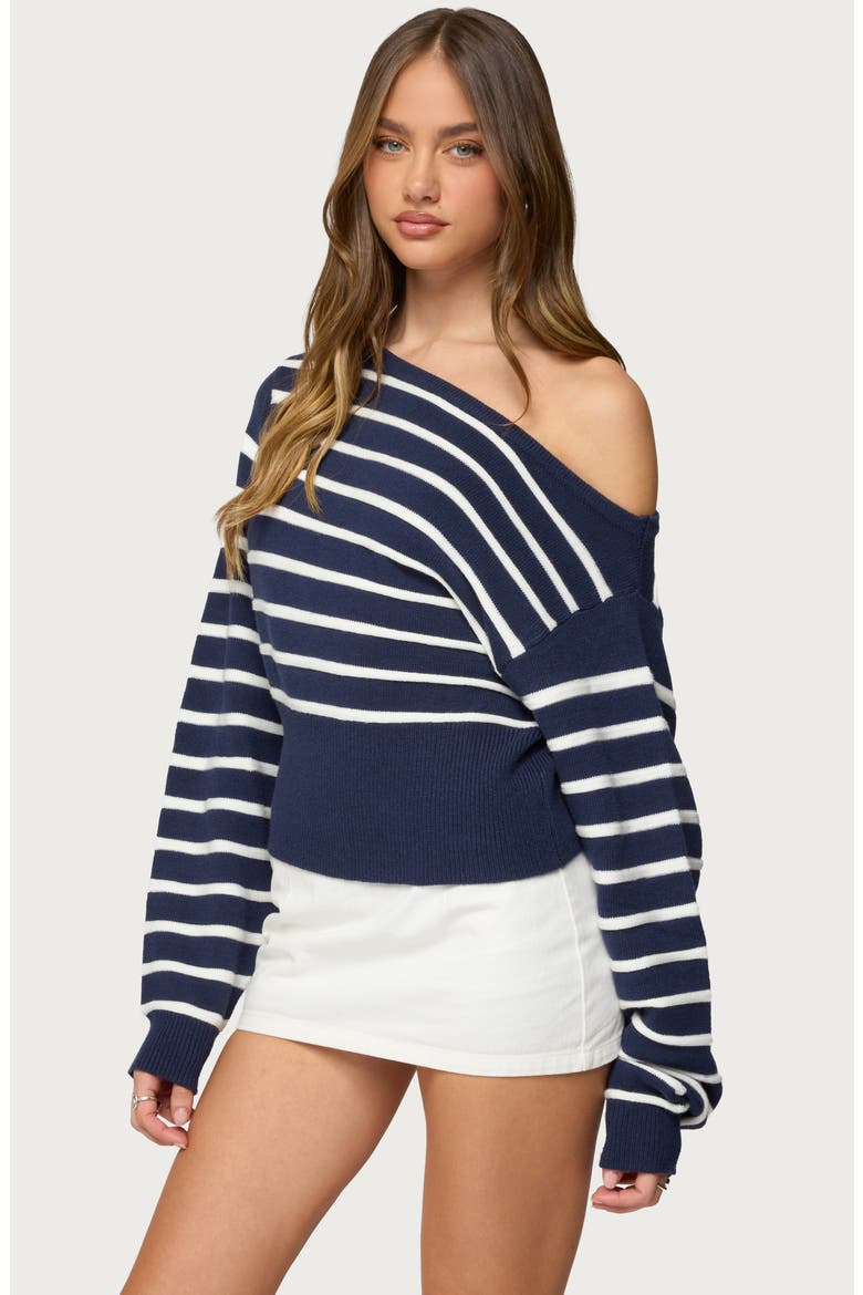 Mika Stripe Oversize Off the Shoulder Sweater, Alternate, color, NAVY