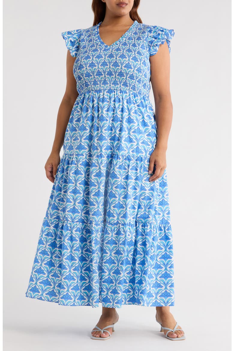 Sunfire Geo Floral Print Cotton Maxi Dress, Main, color, BLUE/ WHITE