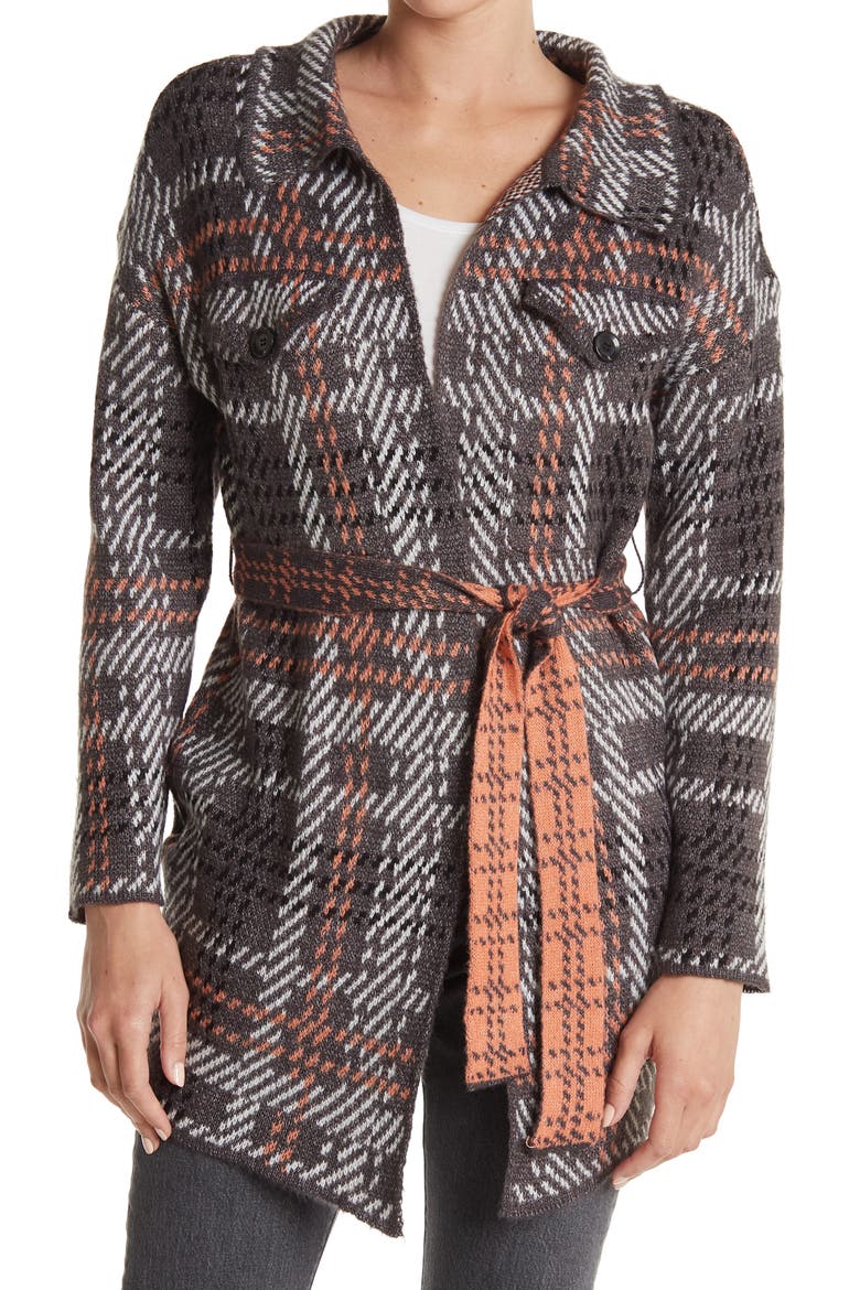 Agnes Plaid Belted Cardigan, Main, color, EUNICE CHARCOAL HTHR