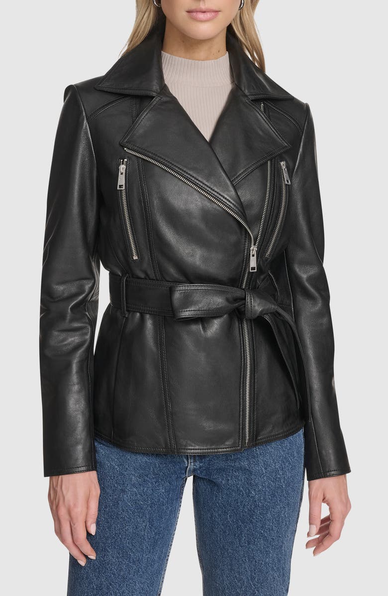 Andrew Marc Violet Leather Trench Jacket, Main, color, Black