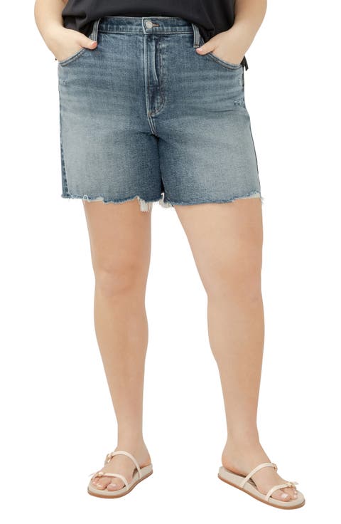 Highly Desirable High Waist Raw Hem Denim Shorts (Plus)