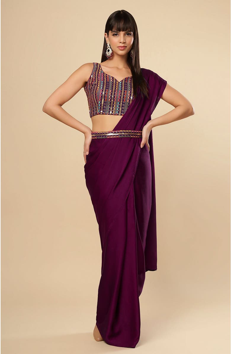 One Minute Saree<sup>®</sup> Bianca Burgundy Satin Ready To Wear Saree, Main, color, 