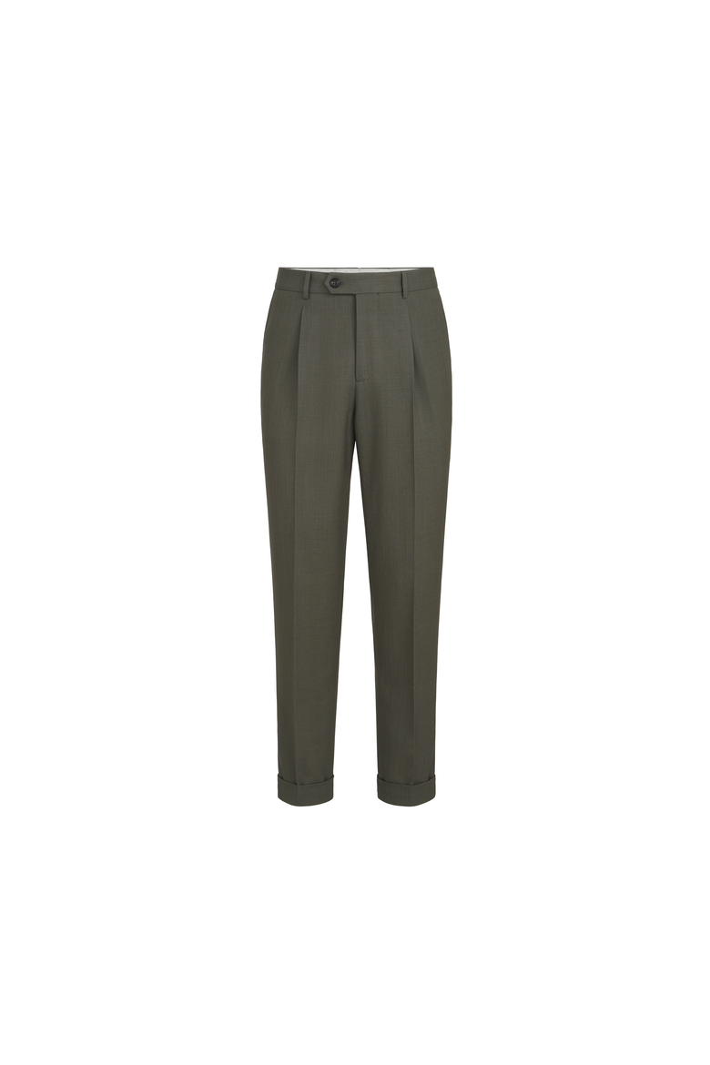 Virgin wool canvas trousers with pleat, Alternate, color, Forest
