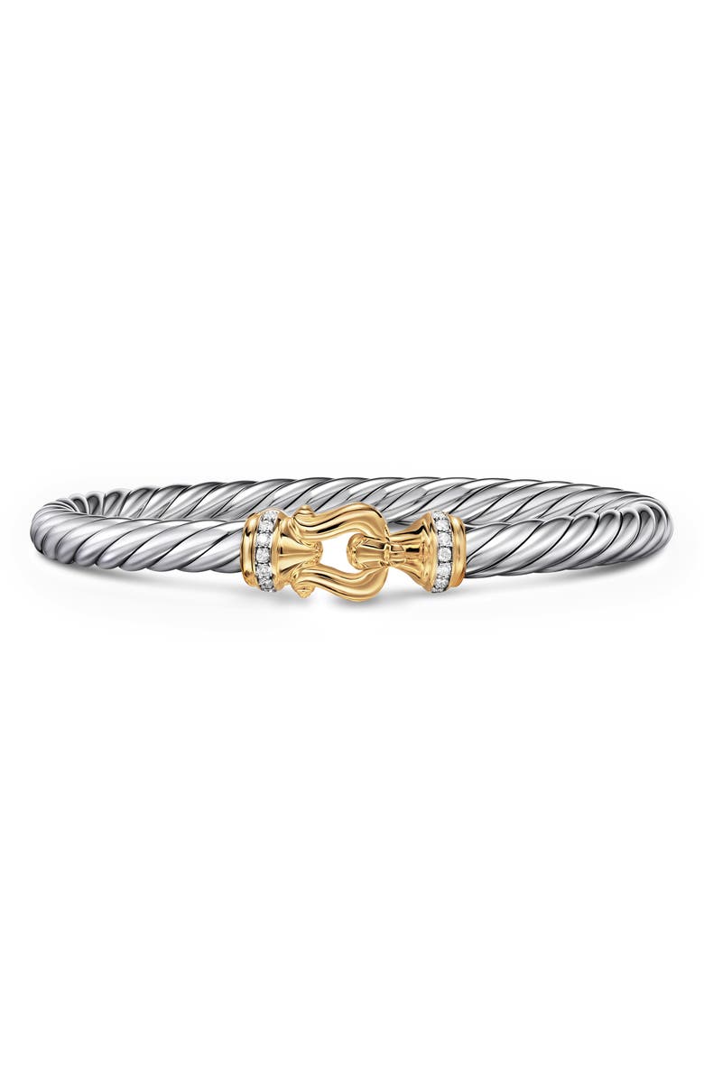 David Yurman Cable Flex<sup>®</sup> Sterling Silver with 14K Yellow Gold & Diamonds Buckle Bracelet, 6mm, Main, color, Silver Pave