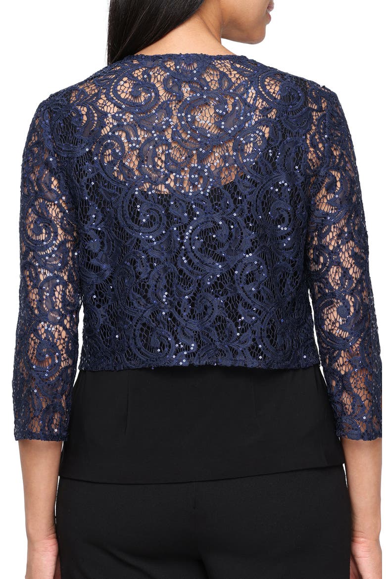 Three-Quarter Sleeve Stretch Sequin Lace Coverup Jacket, Alternate, color, NAVY