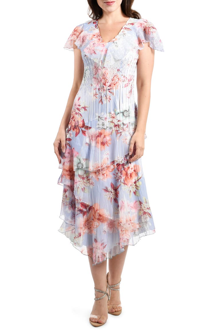 Tiered Flutter Sleeve Floral Print Cocktail Dress, Main, color, PERIWINKLE BLOOM