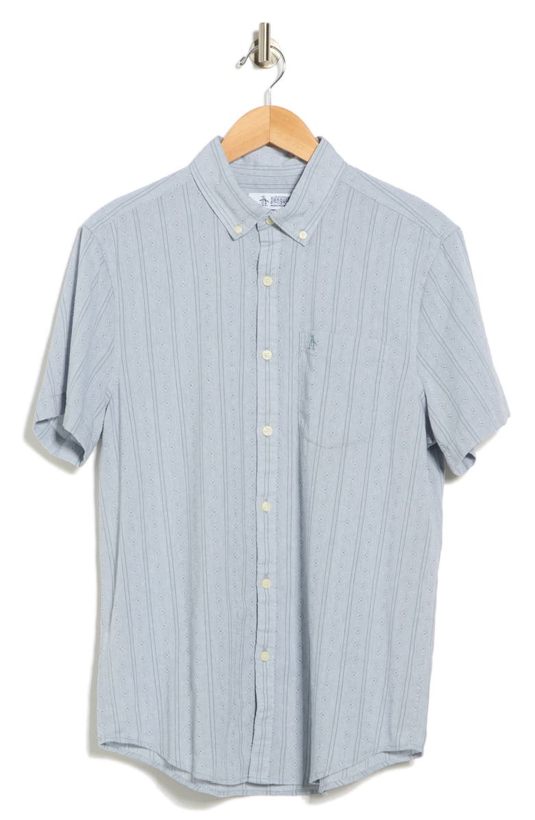 Original Penguin Geometric Cotton Dobby Short Sleeve Button-Up Shirt, Alternate, color, Citadel