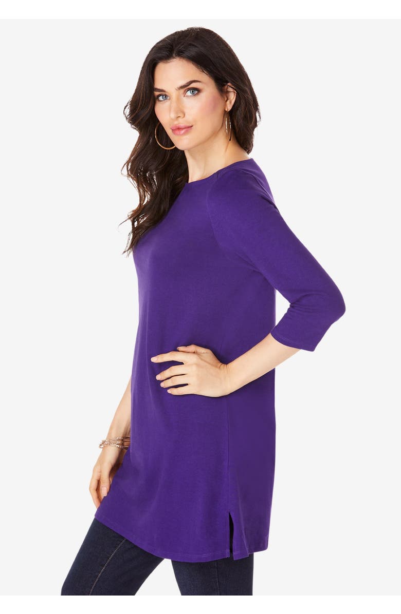 Roaman's Plus Size Cotton Ultimate Boatneck Tunic with Side Slits, Alternate, color, Black Painted Dot