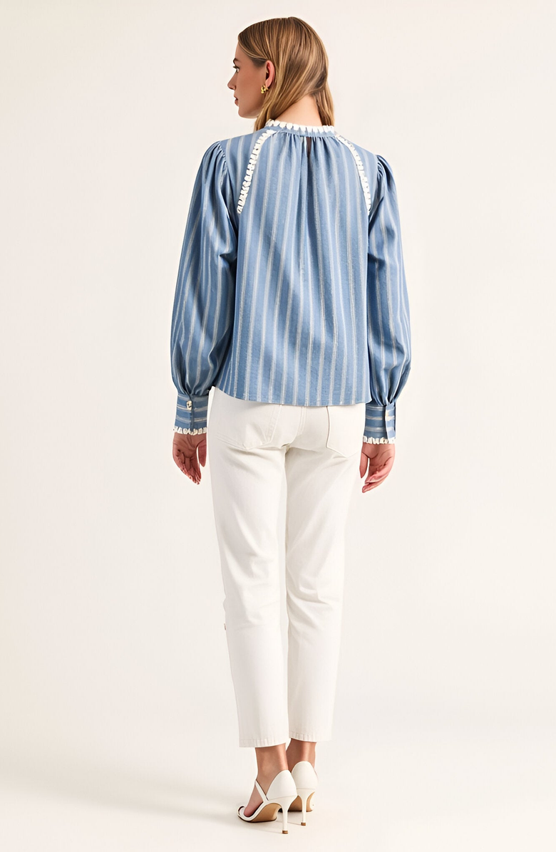 Modenaire Striped Long Sleeve Blouse with Tie Neckline and Lace Trim Details, Alternate, color, 