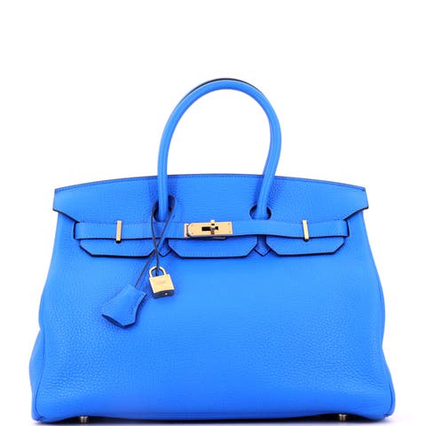 Birkin Handbag Blue Clemence With Gold Hardware 35