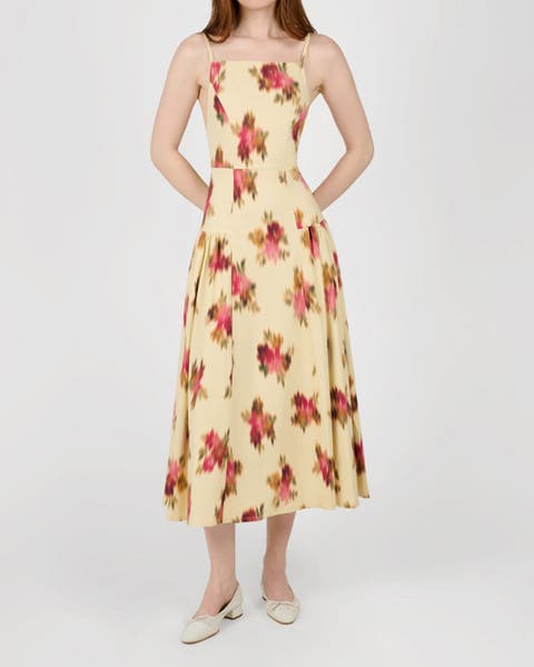 Blurred Floral Flare Panel Midi Dress