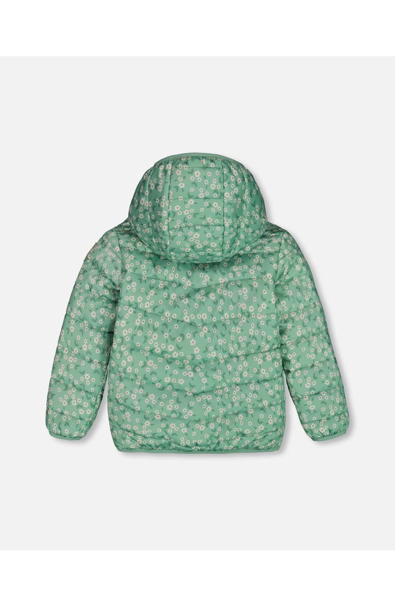 Deux par Deux Girl's Printed Quilted Mid-Season Jacket Small White Flowers On Sage Green Background, Alternate, color, White Flowers On Sage Green