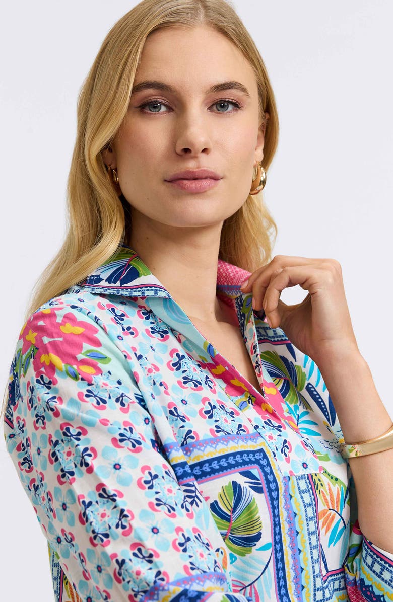 Foxcroft Julia Tropical Print Cotton Popover Top, Alternate, color, Blue Multi