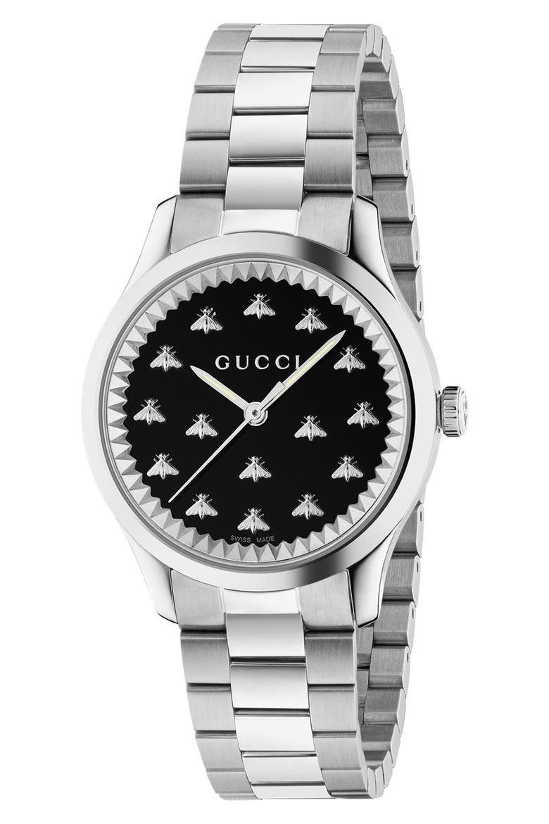 G-Timeless Bee Bracelet Watch, 32mm, Main, color, BLACK/ SILVER