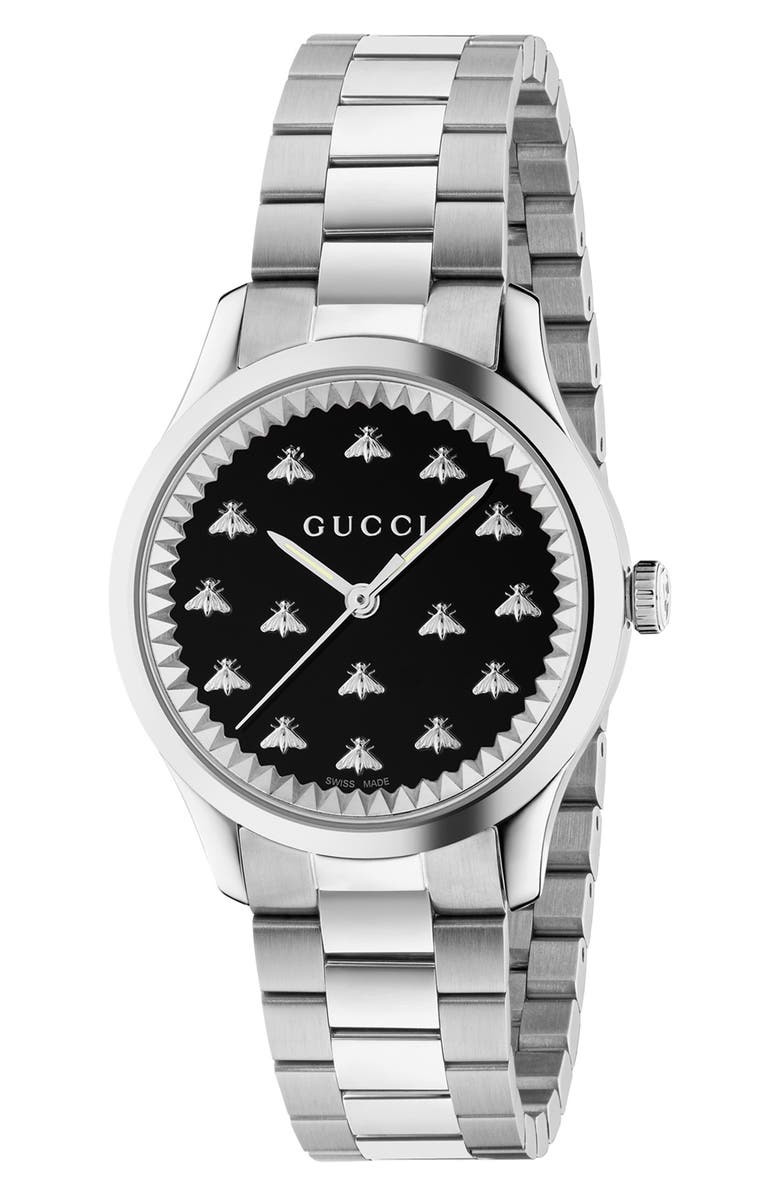 Gucci G-Timeless Bee Bracelet Watch, 32mm, Main, color, Black/ Silver
