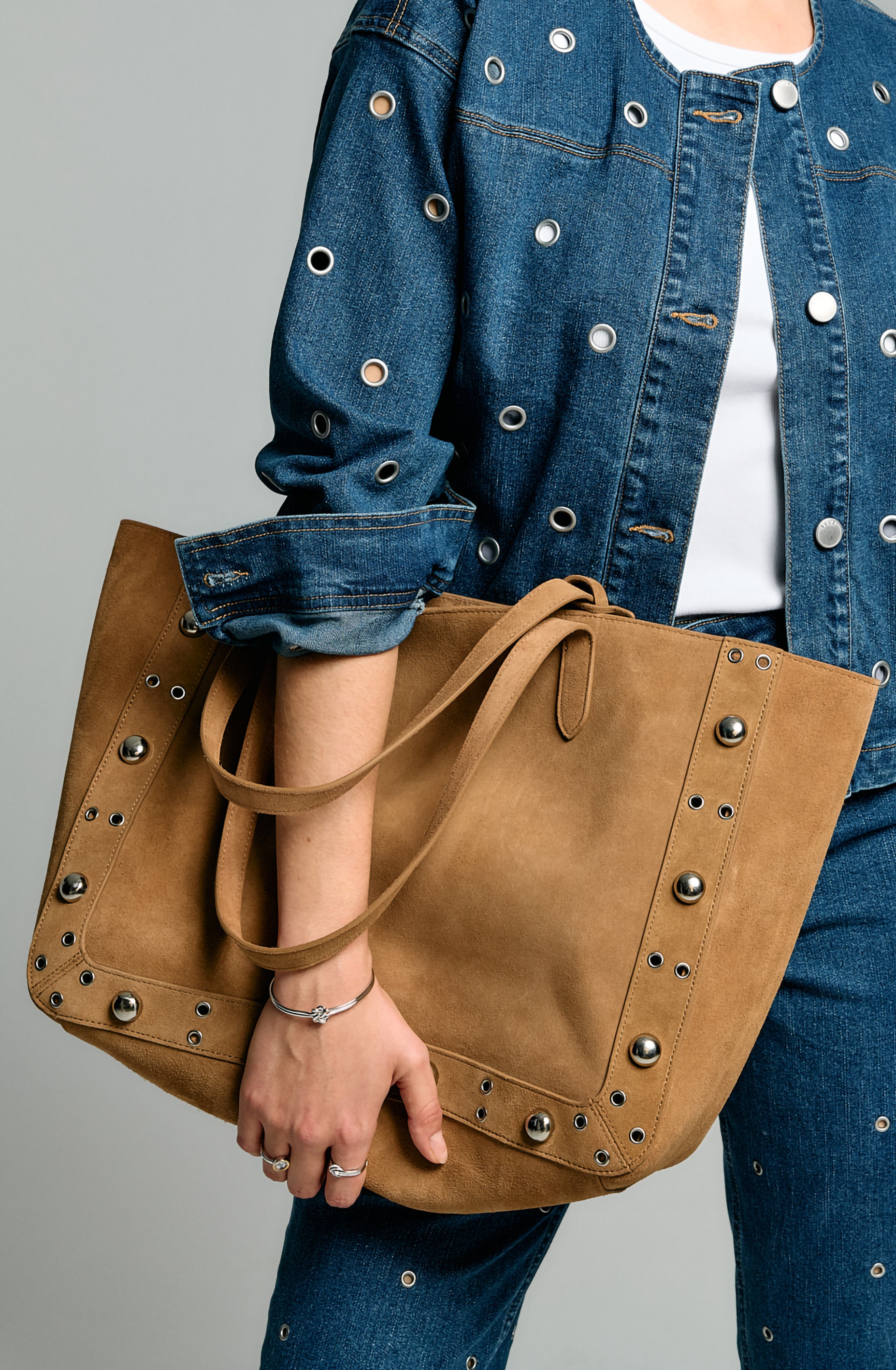 ELLE Collection Suede Grommet Tote, Main, color, Camel