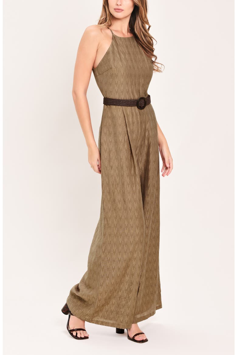 Halter Neck Belted Jumpsuit, Alternate, color, BROWN