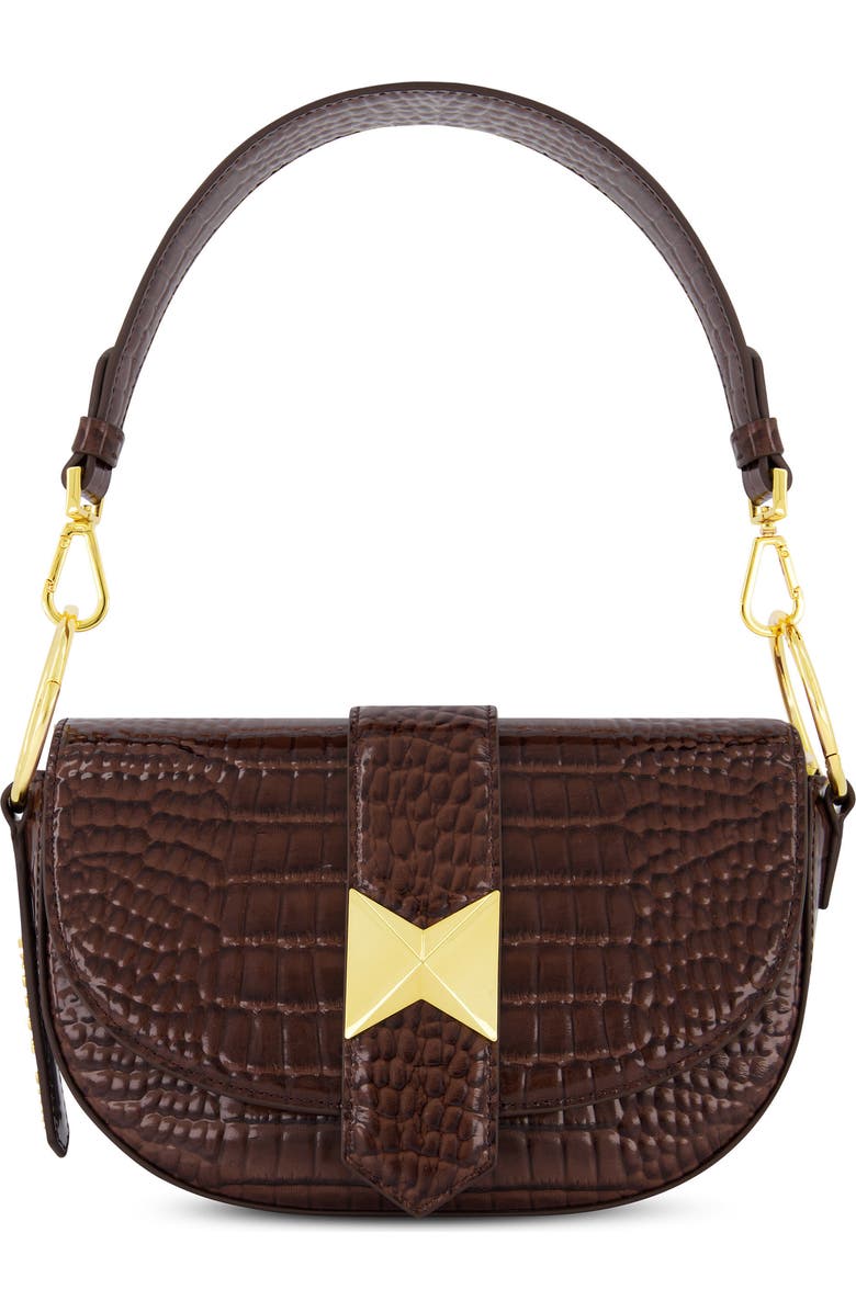 Mac Duggal Crocodile Embossed Leather Gold Hardware Saddle Bag, Main, color,