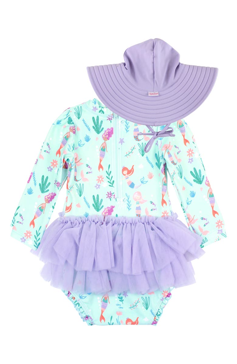 RuffleButts Mermaid Skirted One-Piece Rashguard Swimsuit & Sun Hat Set, Alternate, color, 