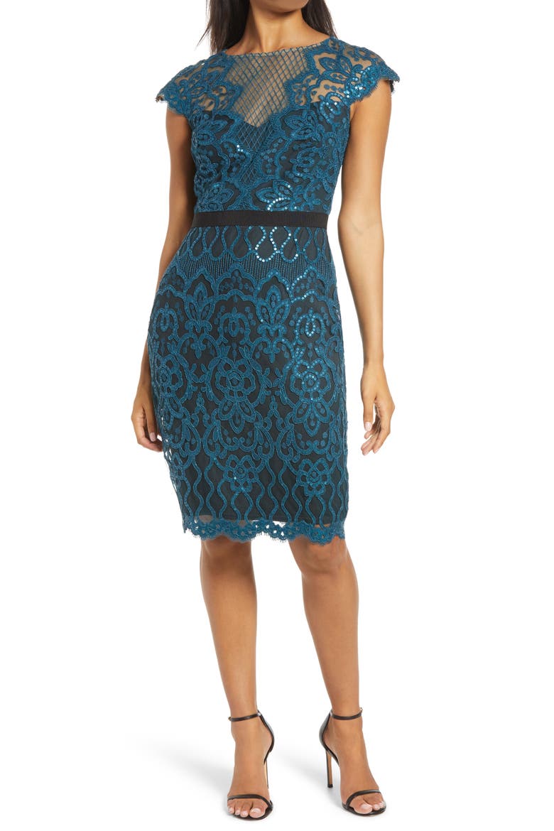 Sequin Lace Body-Con Cocktail Dress, Main, color, STARRY NIGHT/ BLACK