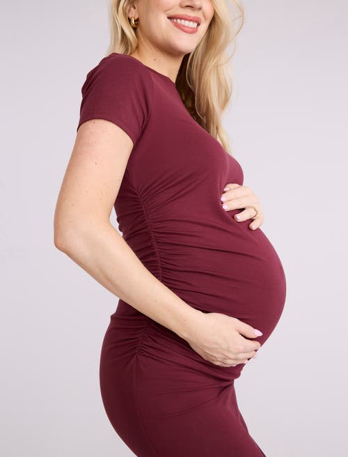 Motherhood Maternity Crewneck Short Sleeve Side Ruched Bodycon Mini Dress In Brown