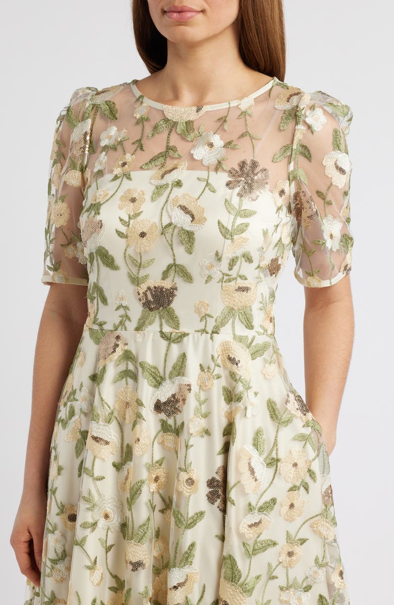 Eliza J Embroidered Floral Illusion Lace Cocktail Dress, Alternate, color, Yellow