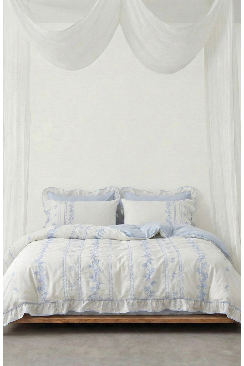 Embroidered French Lace Ruffle Duvet Cover, Alternate, color, Blue
