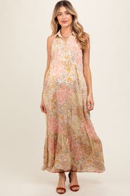 PinkBlush Floral Sleeveless Button Tiered Collared Maxi Dress